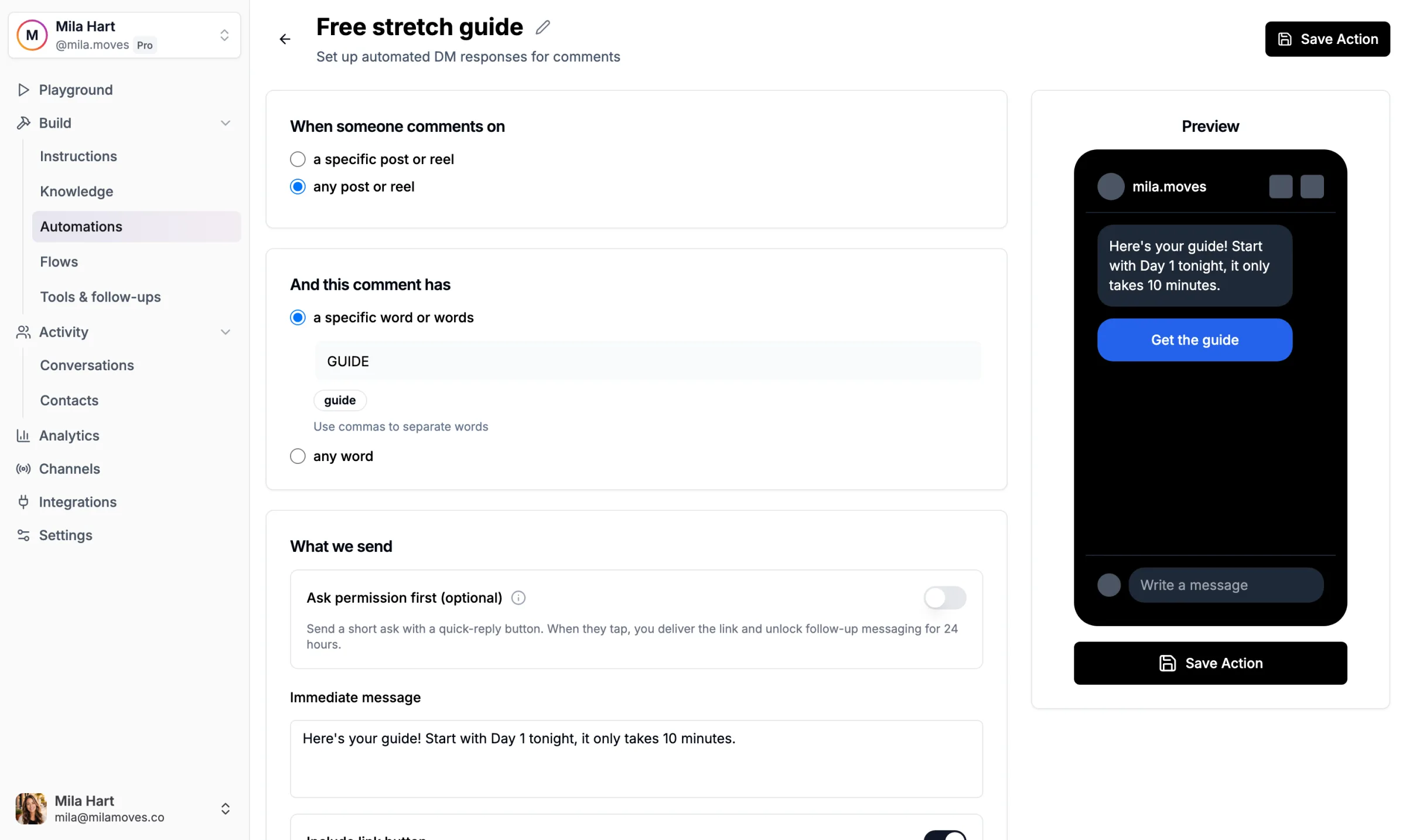 Comment-to-DM screen in FlowGent